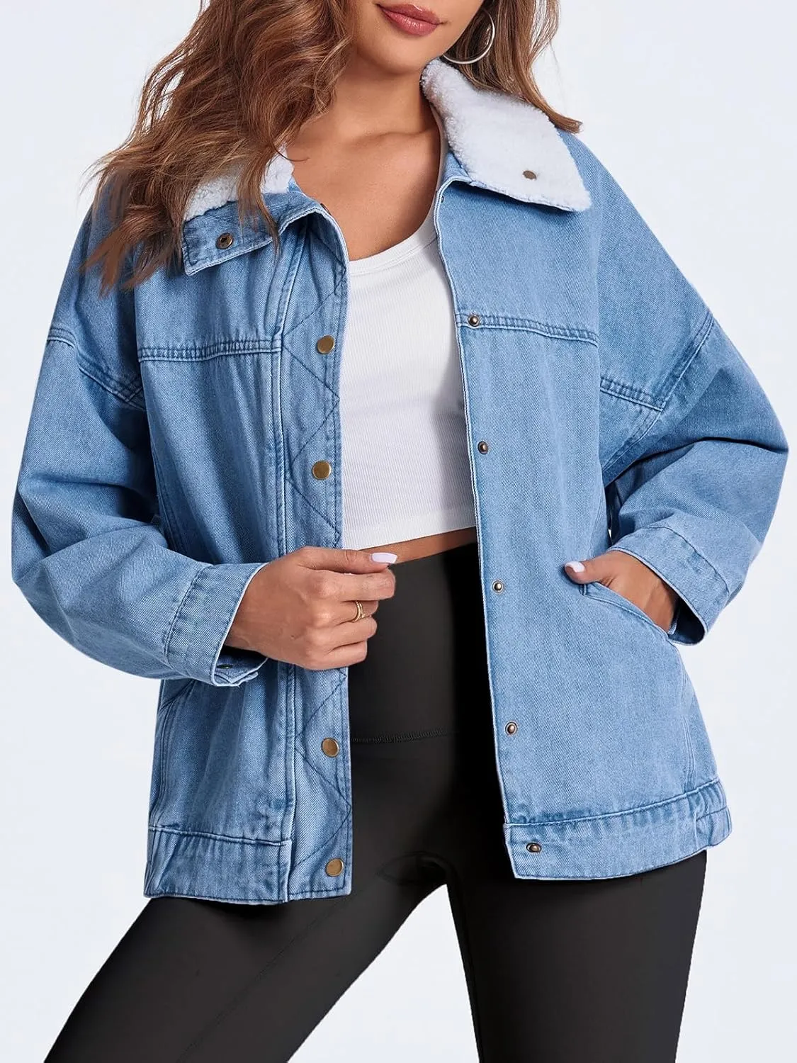 Tankaneo Womens Oversized Denim Jackets Sherpa Collar Button Down Jean Jacket Fall Warm Shacket Coats