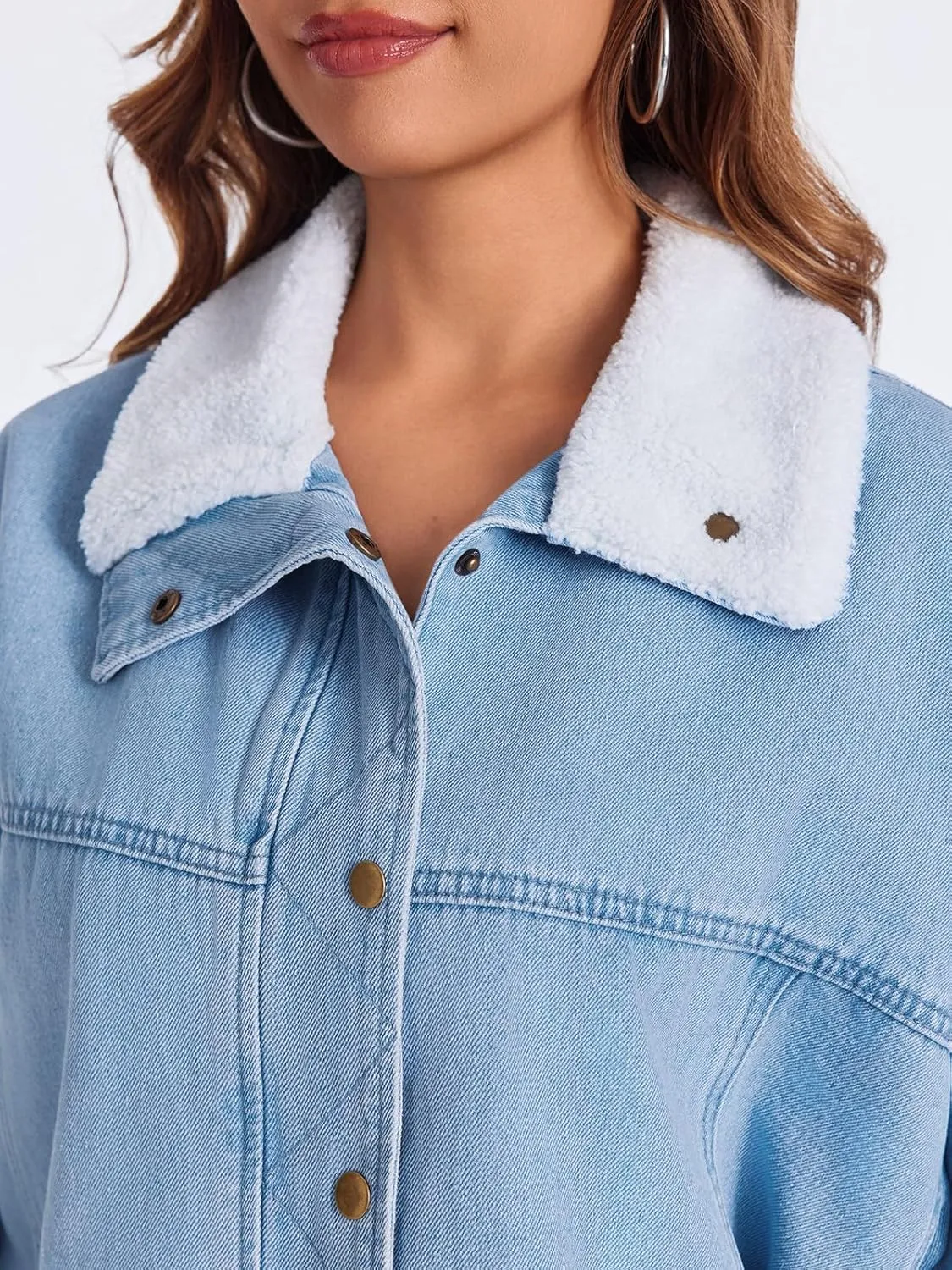 Tankaneo Womens Oversized Denim Jackets Sherpa Collar Button Down Jean Jacket Fall Warm Shacket Coats