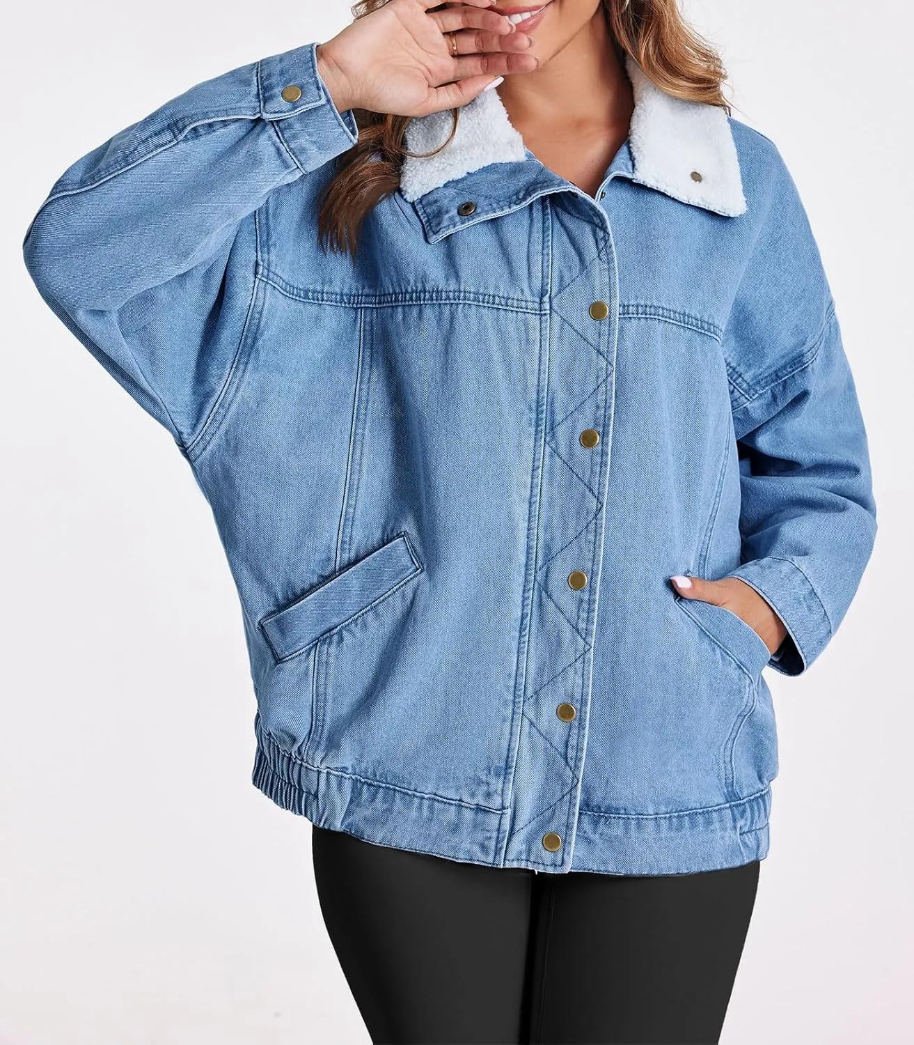 Tankaneo Womens Oversized Denim Jackets Sherpa Collar Button Down Jean Jacket Fall Warm Shacket Coats