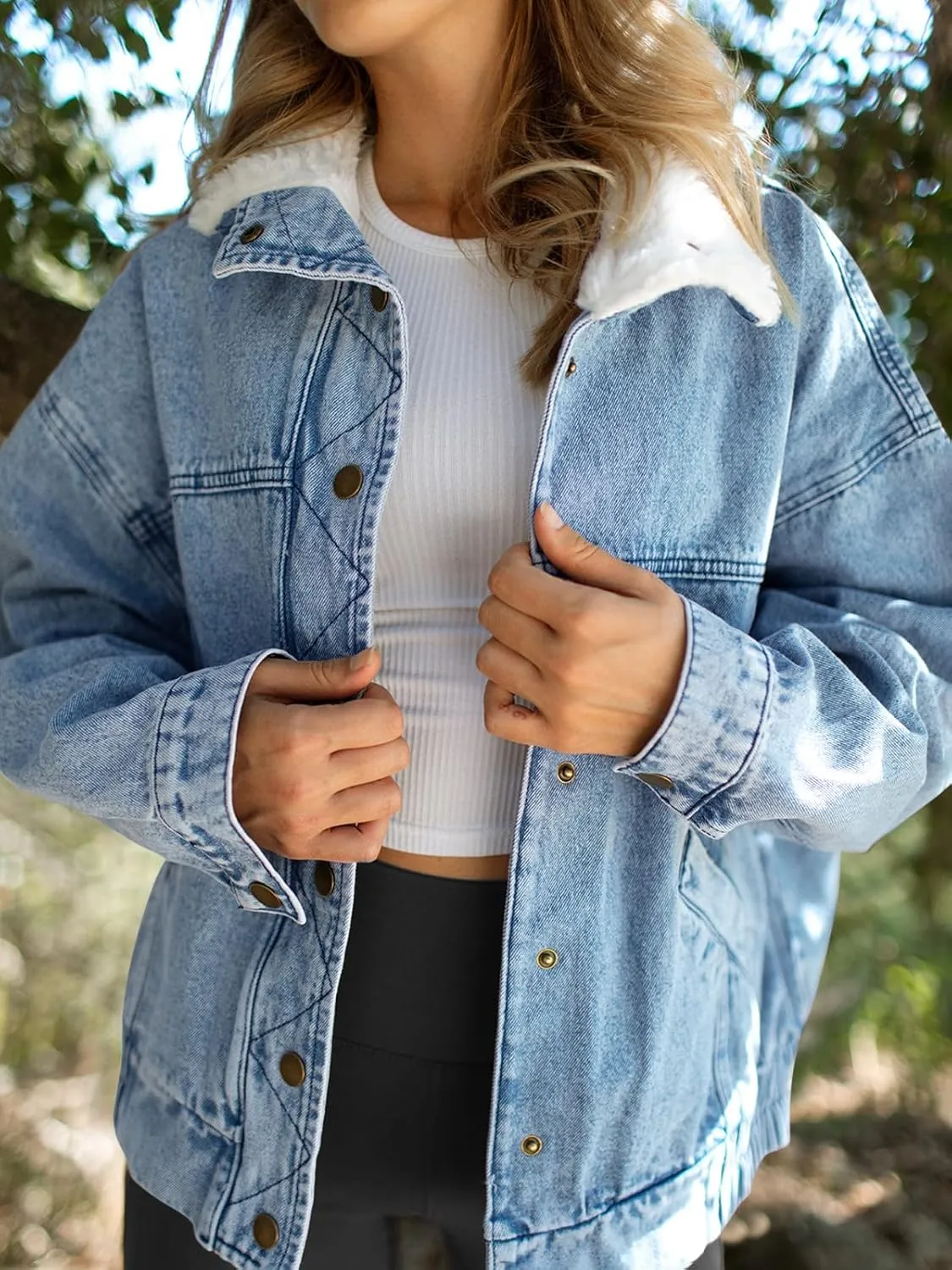 Tankaneo Womens Oversized Denim Jackets Sherpa Collar Button Down Jean Jacket Fall Warm Shacket Coats