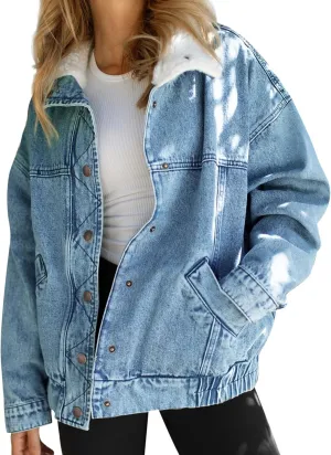 Tankaneo Womens Oversized Denim Jackets Sherpa Collar Button Down Jean Jacket Fall Warm Shacket Coats