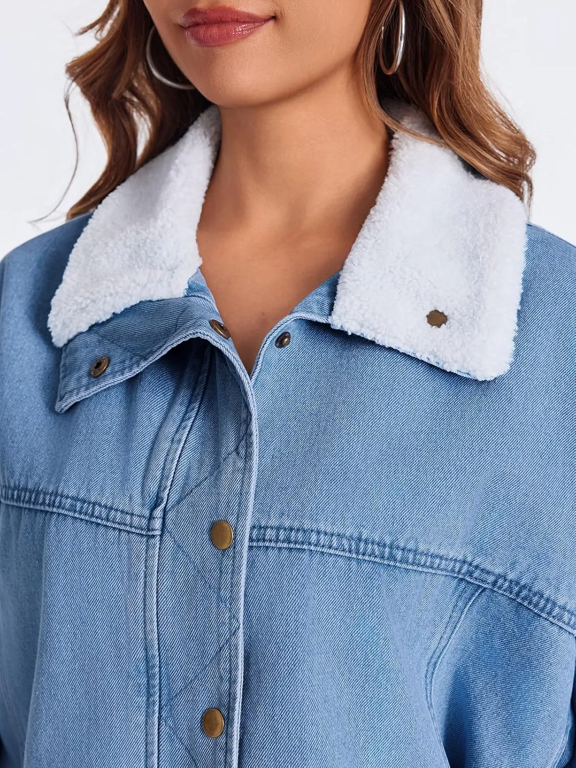 Tankaneo Womens Oversized Denim Jackets Sherpa Collar Button Down Jean Jacket Fall Warm Shacket Coats