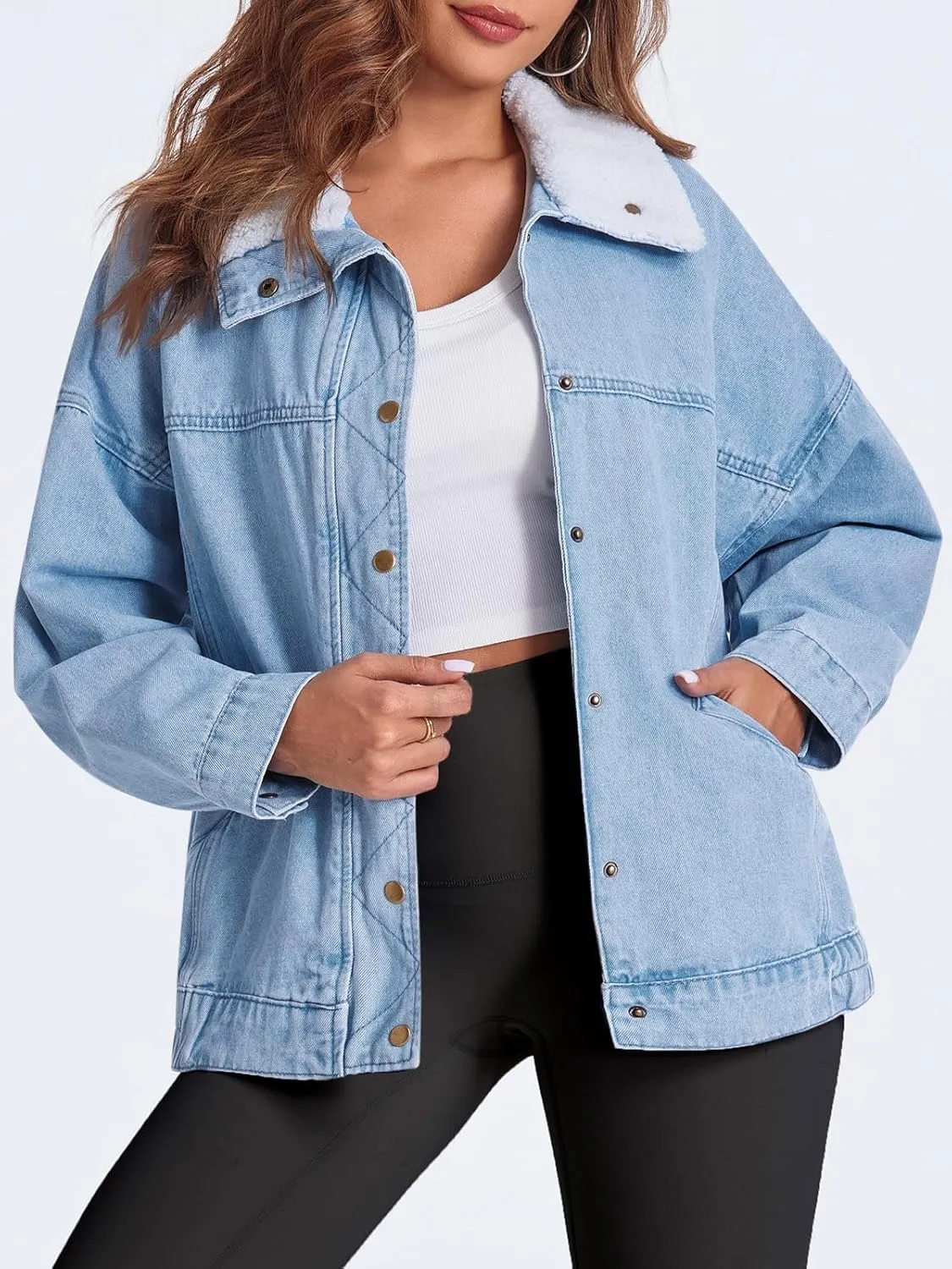 Tankaneo Womens Oversized Denim Jackets Sherpa Collar Button Down Jean Jacket Fall Warm Shacket Coats