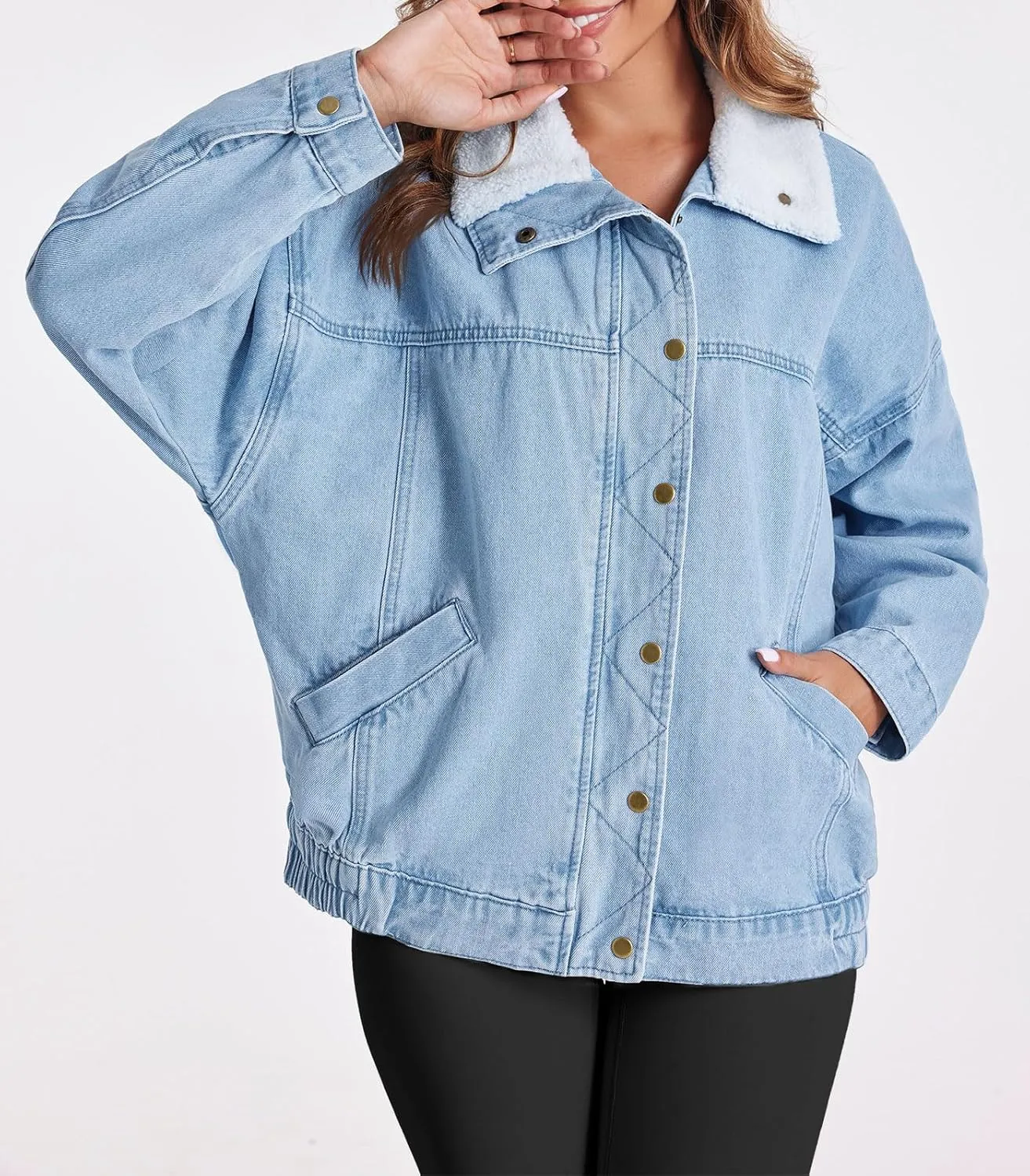 Tankaneo Womens Oversized Denim Jackets Sherpa Collar Button Down Jean Jacket Fall Warm Shacket Coats