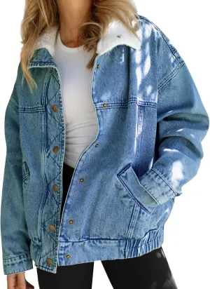 Tankaneo Womens Oversized Denim Jackets Sherpa Collar Button Down Jean Jacket Fall Warm Shacket Coats