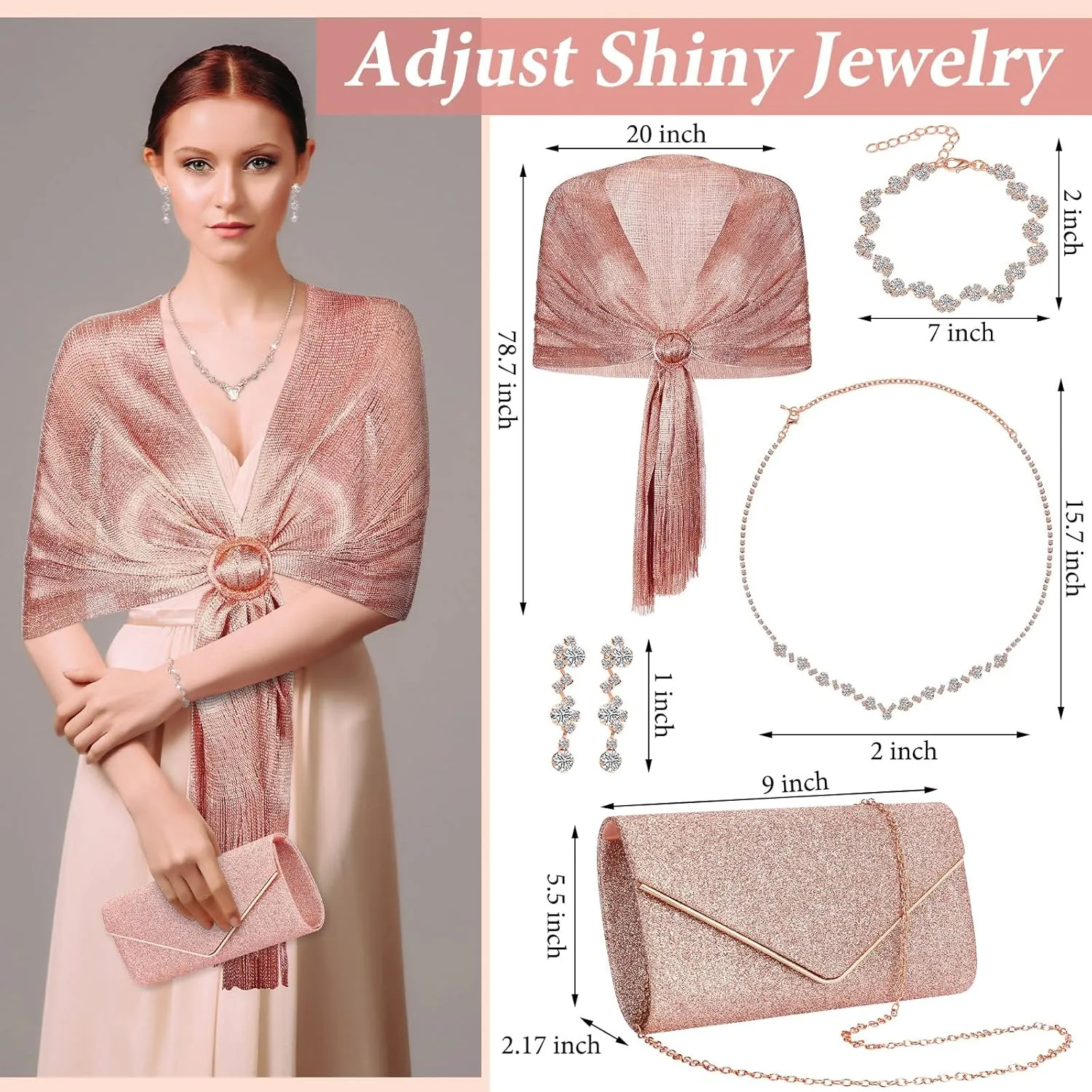 Tiamon 5 Pcs Rhinestone Jewelry Sets Shawls and Wraps Formal Clutch Purses for Women Evening Dresses Bridal Weddings