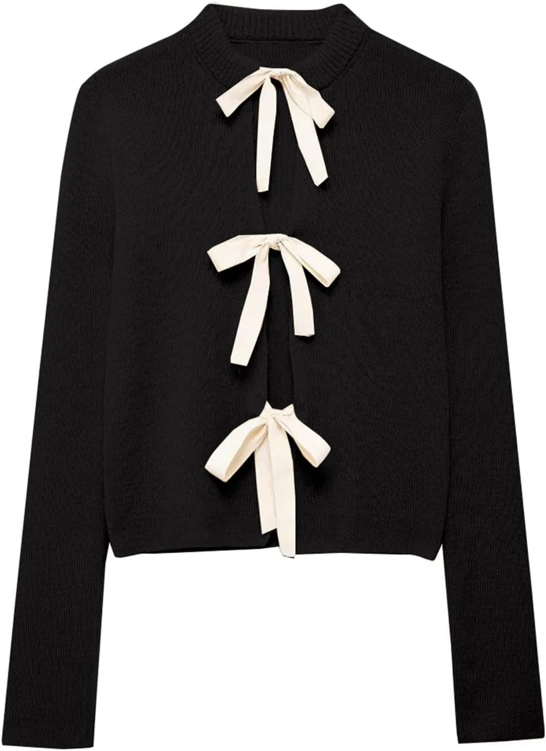 Tie Front Cardigan Sweaters for Women Y2K Bow Tie Open Front Cardigans Crewneck Long Sleeve Sweaters