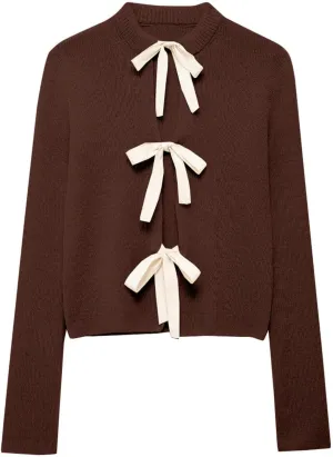 Tie Front Cardigan Sweaters for Women Y2K Bow Tie Open Front Cardigans Crewneck Long Sleeve Sweaters