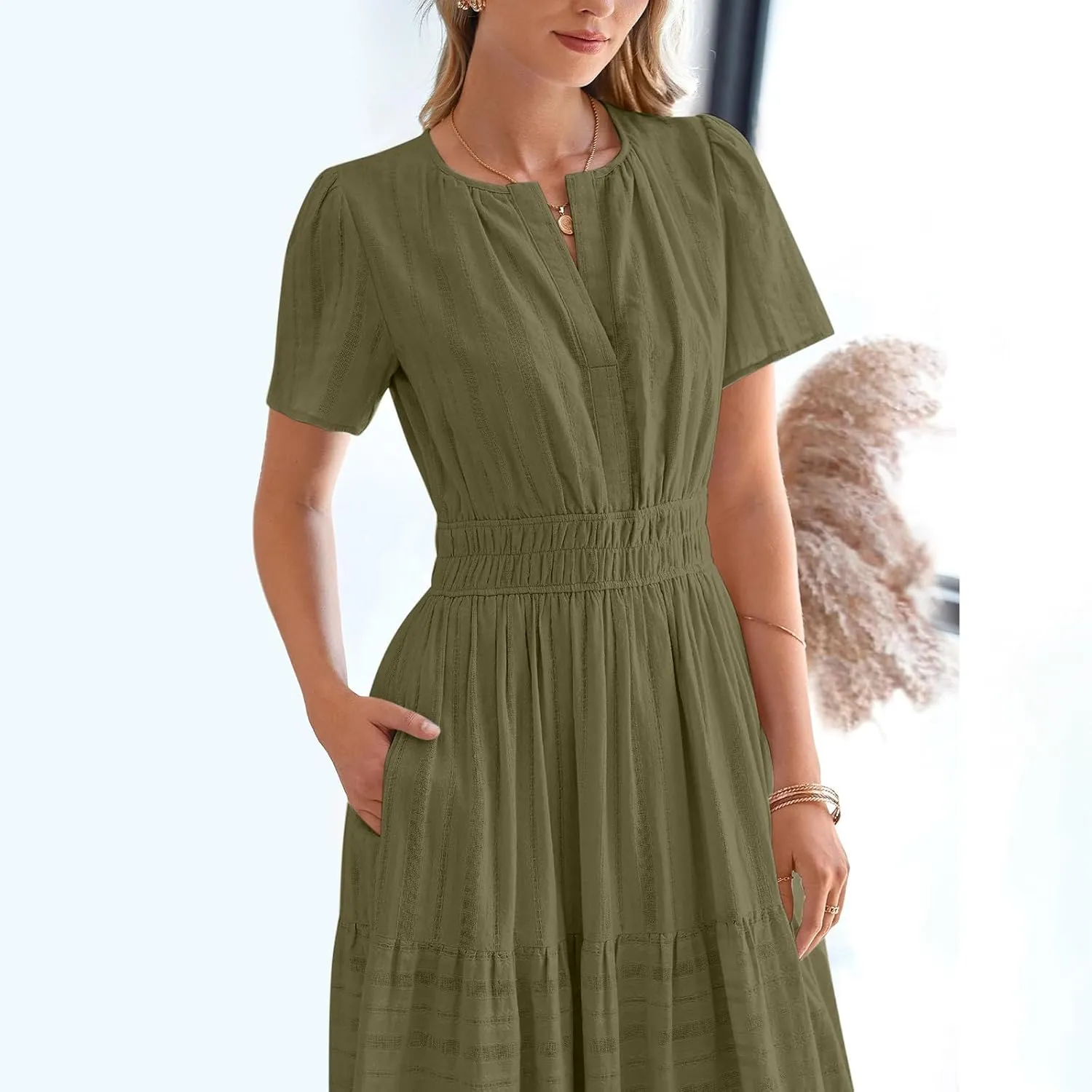 TieMaxi Dress for Women Short Sleeve V Neck Smocked Waist Summer Casual Beach Dress