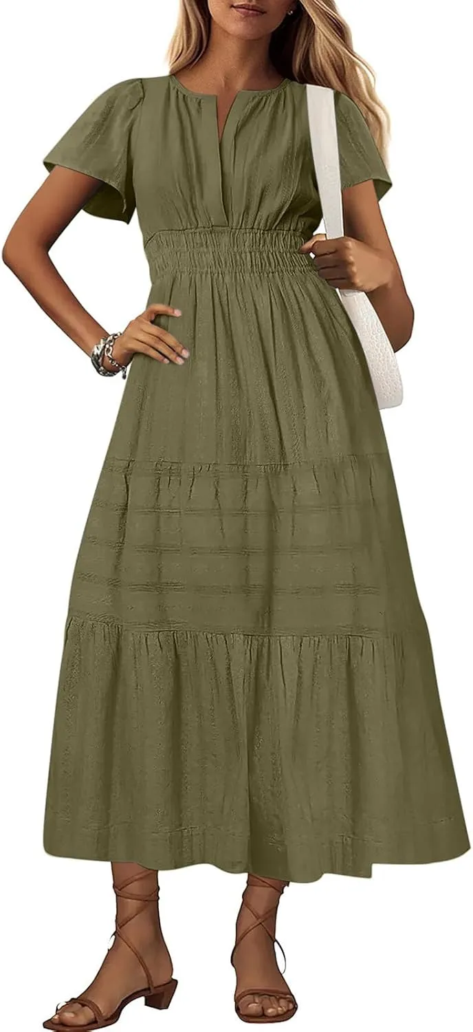 TieMaxi Dress for Women Short Sleeve V Neck Smocked Waist Summer Casual Beach Dress