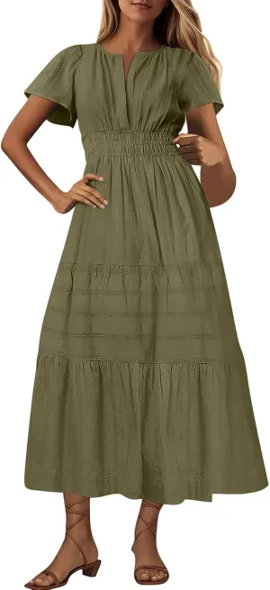 TieMaxi Dress for Women Short Sleeve V Neck Smocked Waist Summer Casual Beach Dress
