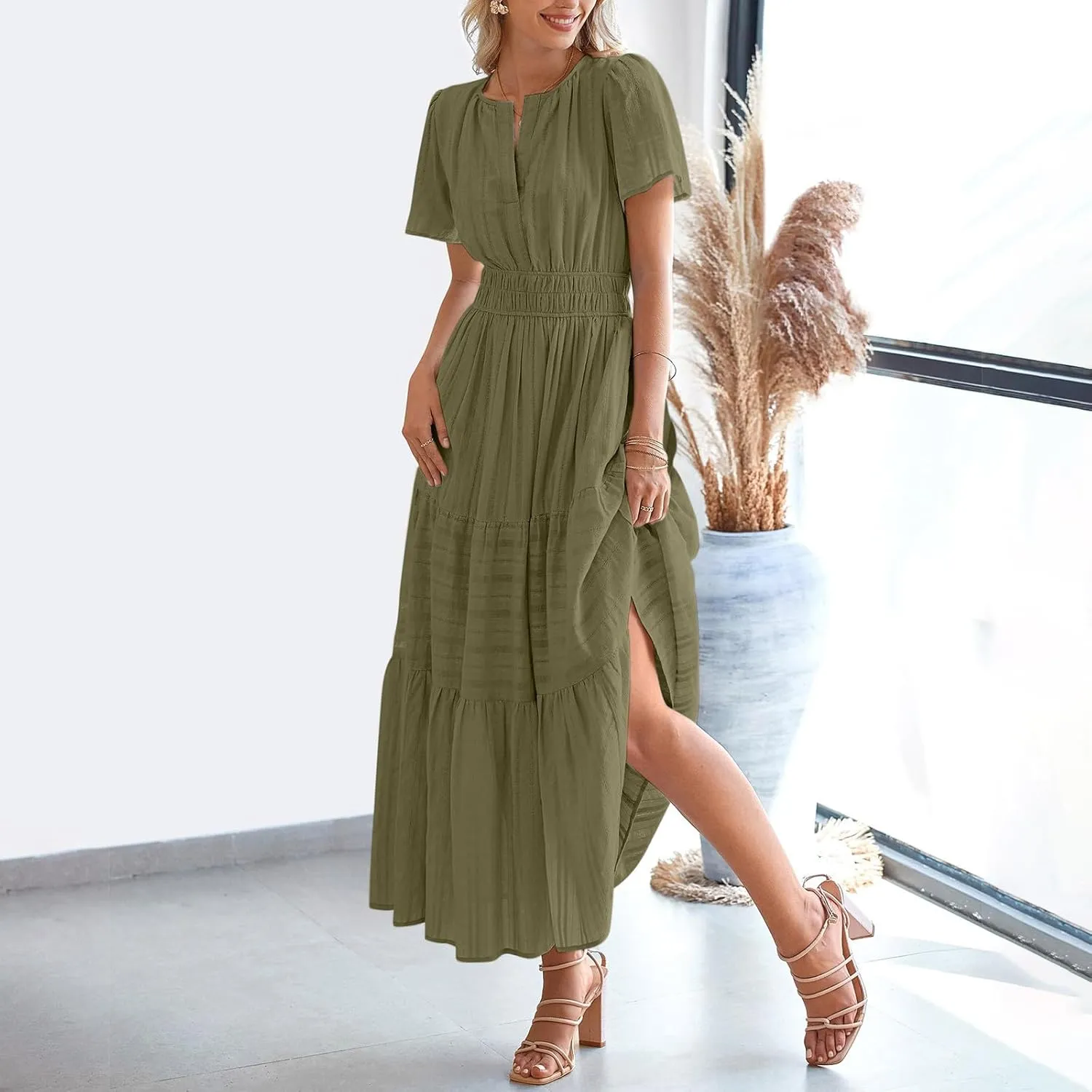 TieMaxi Dress for Women Short Sleeve V Neck Smocked Waist Summer Casual Beach Dress