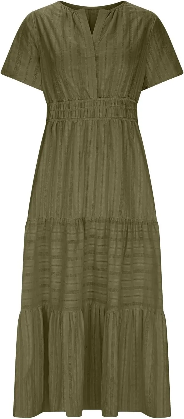 TieMaxi Dress for Women Short Sleeve V Neck Smocked Waist Summer Casual Beach Dress