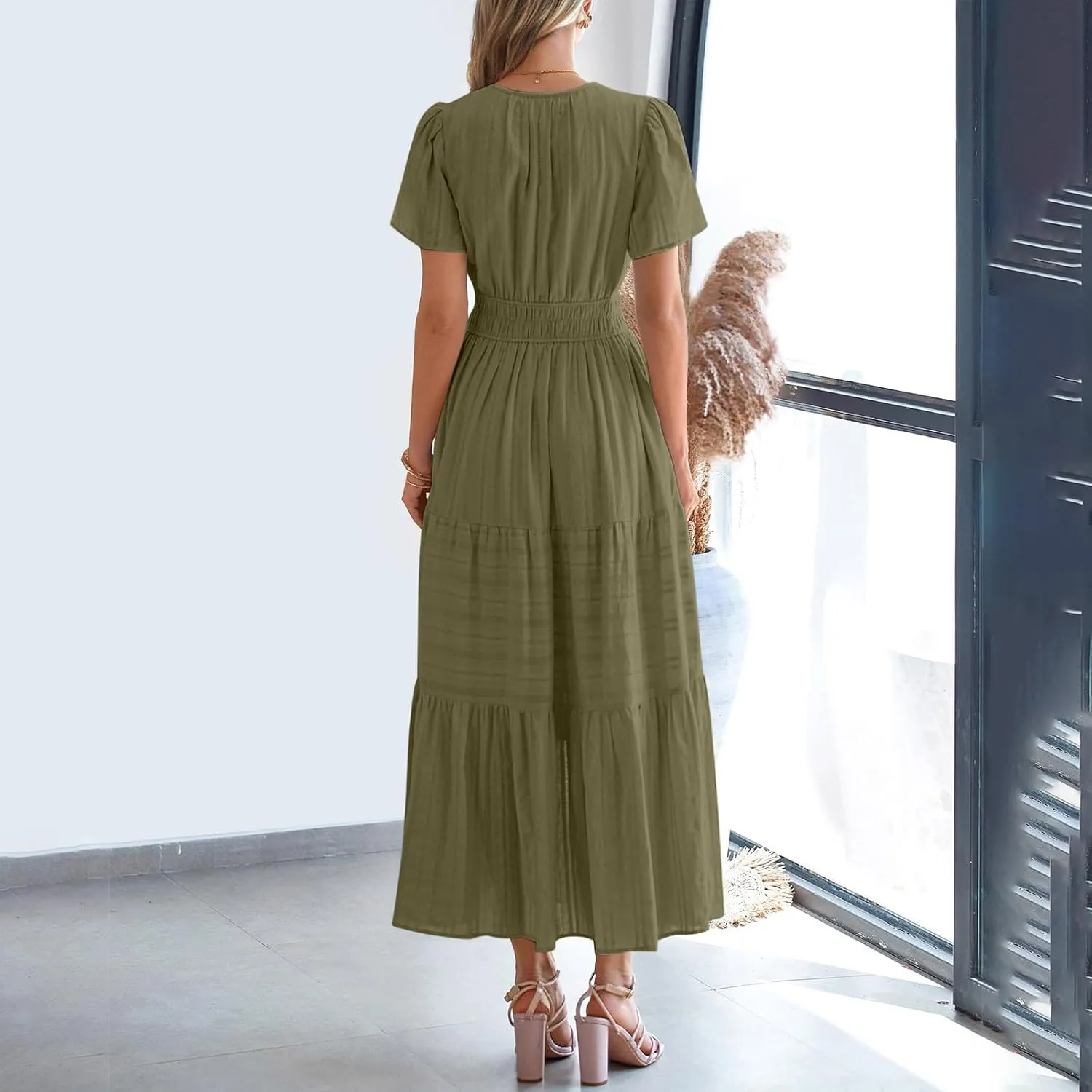 TieMaxi Dress for Women Short Sleeve V Neck Smocked Waist Summer Casual Beach Dress