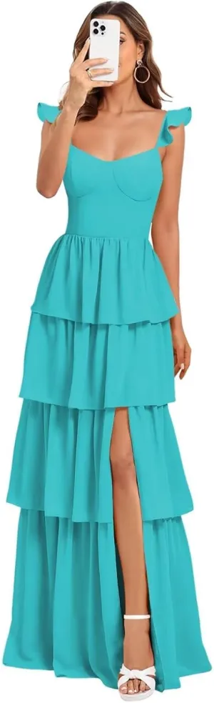 Tiered Ruffles Bridesmaid Dresses with Slit 2025 for Women Long Chiffon Formal Prom Evening Dresses Party Gowns