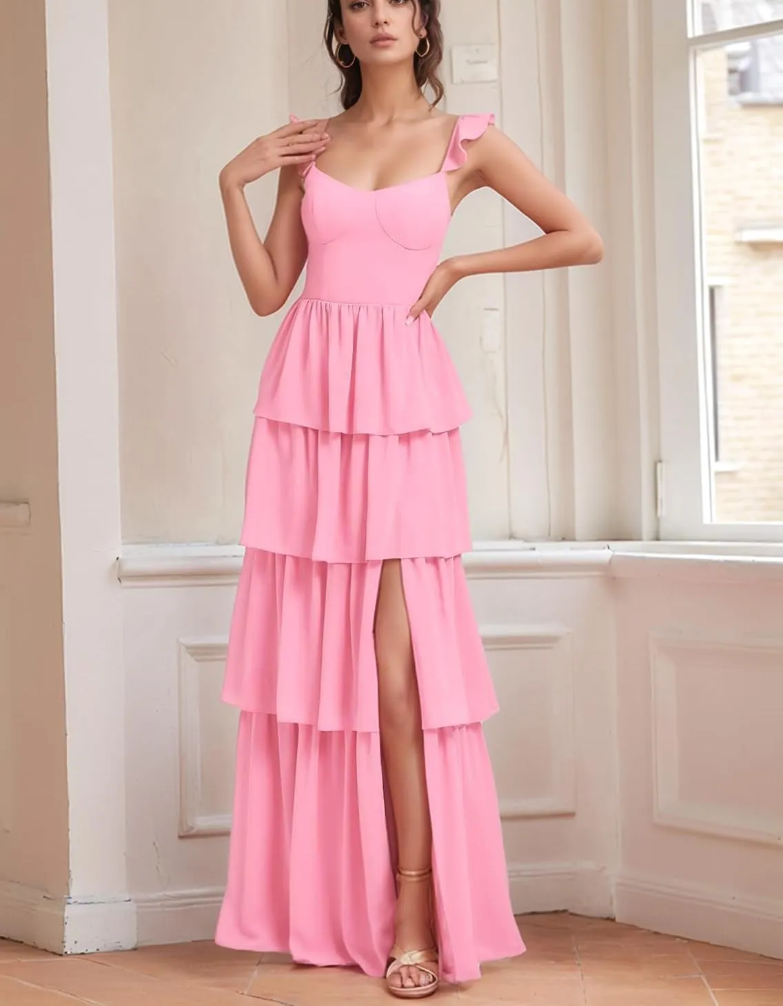 Tiered Ruffles Bridesmaid Dresses with Slit 2025 for Women Long Chiffon Formal Prom Evening Dresses Party Gowns