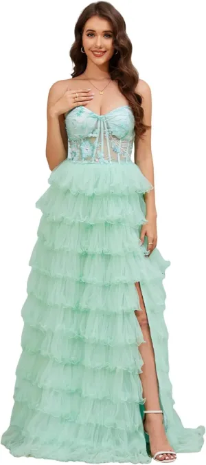 Tiered Tulle Prom Dresses Long Ball Gown A-Line Ruffle Strapless Corset Sparkly Formal Evening Dress with Slit