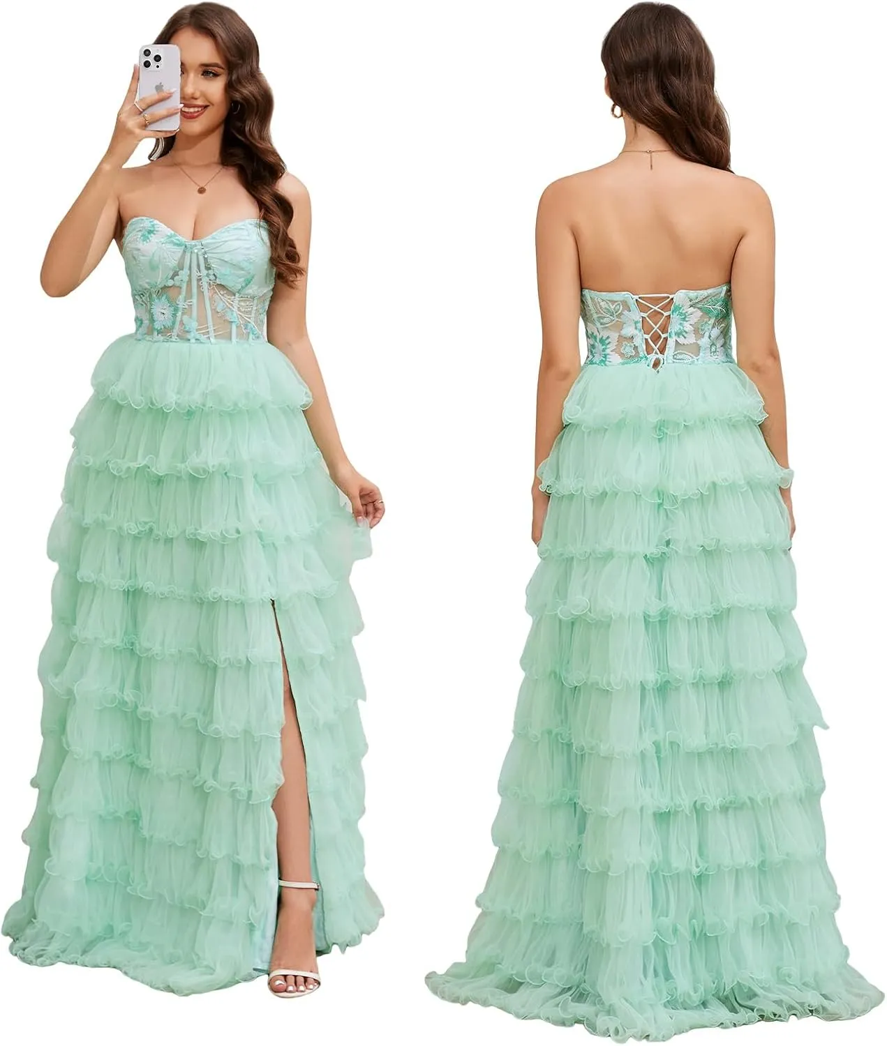 Tiered Tulle Prom Dresses Long Ball Gown A-Line Ruffle Strapless Corset Sparkly Formal Evening Dress with Slit