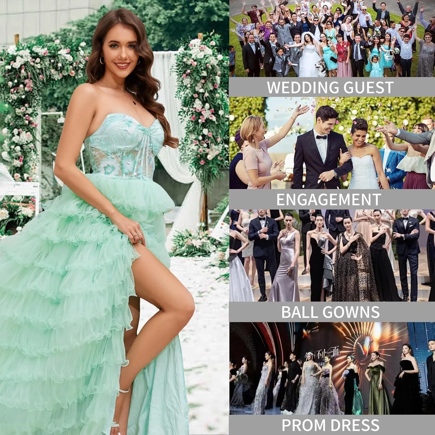 Tiered Tulle Prom Dresses Long Ball Gown A-Line Ruffle Strapless Corset Sparkly Formal Evening Dress with Slit