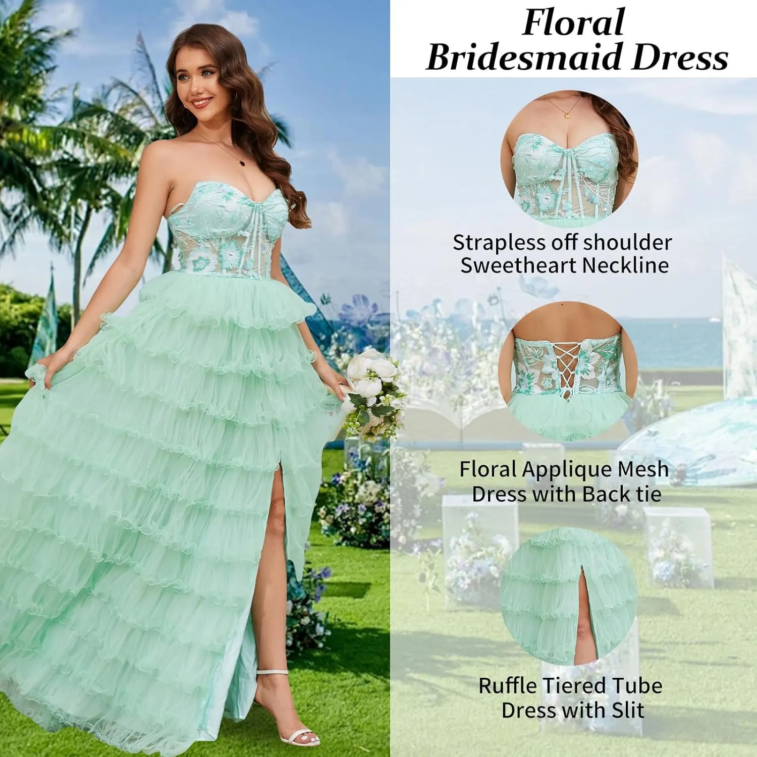 Tiered Tulle Prom Dresses Long Ball Gown A-Line Ruffle Strapless Corset Sparkly Formal Evening Dress with Slit