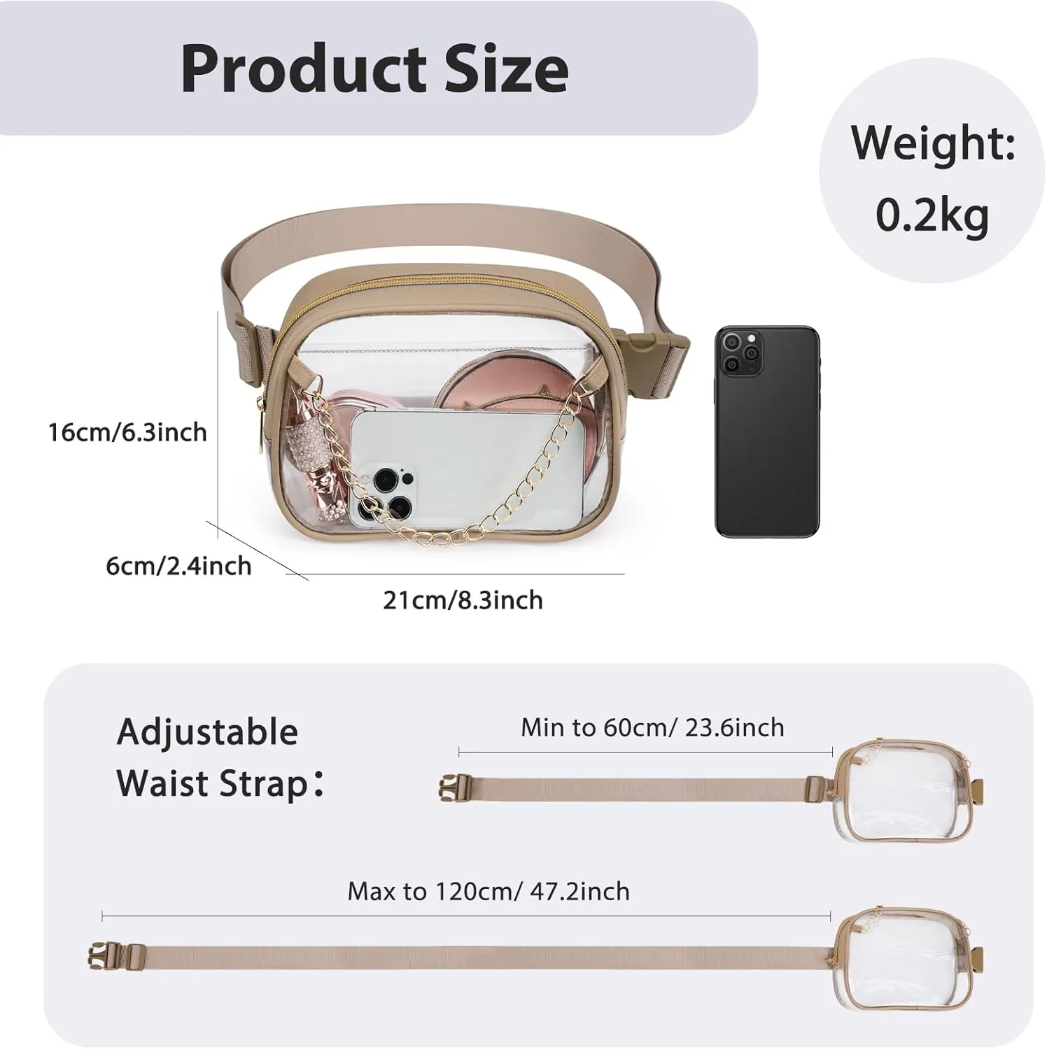 TINYAT Clear Fanny Pack Stadium Approved Clear Belt Bag for Women See Through Waist Bag Crossbody Purse for Events Concerts