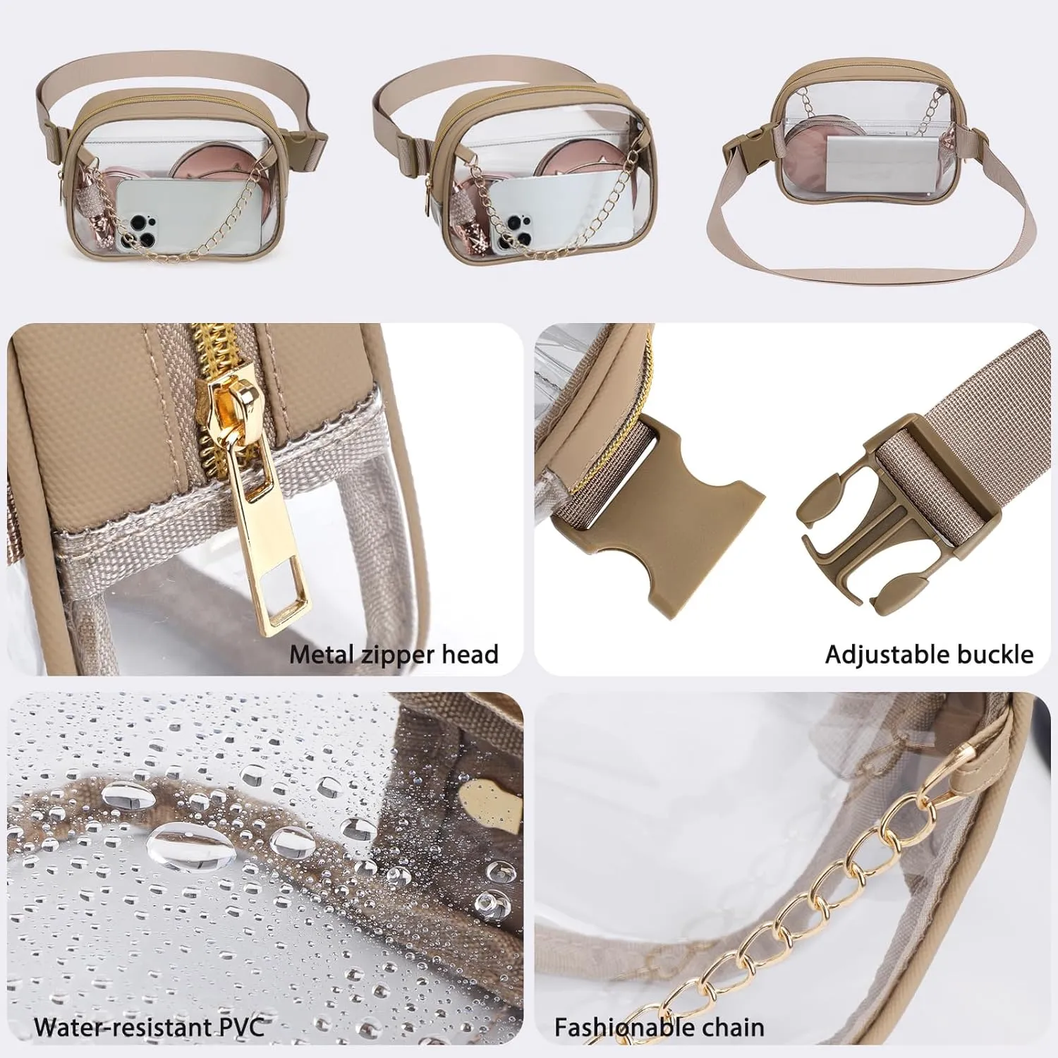 TINYAT Clear Fanny Pack Stadium Approved Clear Belt Bag for Women See Through Waist Bag Crossbody Purse for Events Concerts