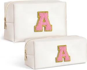 TOPEAST Easter Basket Stuffers for Kids Teen Girls - Initial Makeup Bag with Zipper, 2 PCS Makeup Pouch PU Leather Waterproof Travel Toiletry Bag for Women Girls (White A)