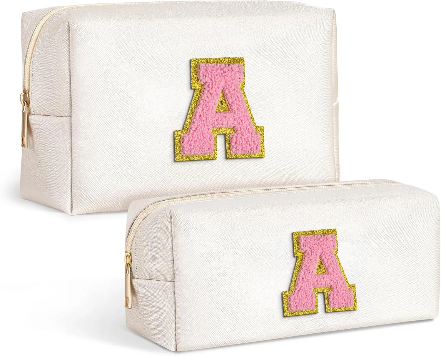 TOPEAST Easter Basket Stuffers for Kids Teen Girls - Initial Makeup Bag with Zipper, 2 PCS Makeup Pouch PU Leather Waterproof Travel Toiletry Bag for Women Girls (White A)