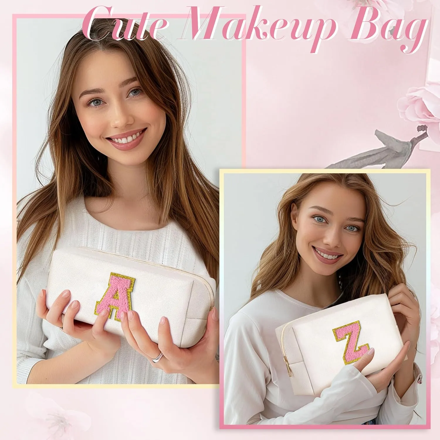 TOPEAST Easter Basket Stuffers for Kids Teen Girls - Initial Makeup Bag with Zipper, 2 PCS Makeup Pouch PU Leather Waterproof Travel Toiletry Bag for Women Girls (White A)