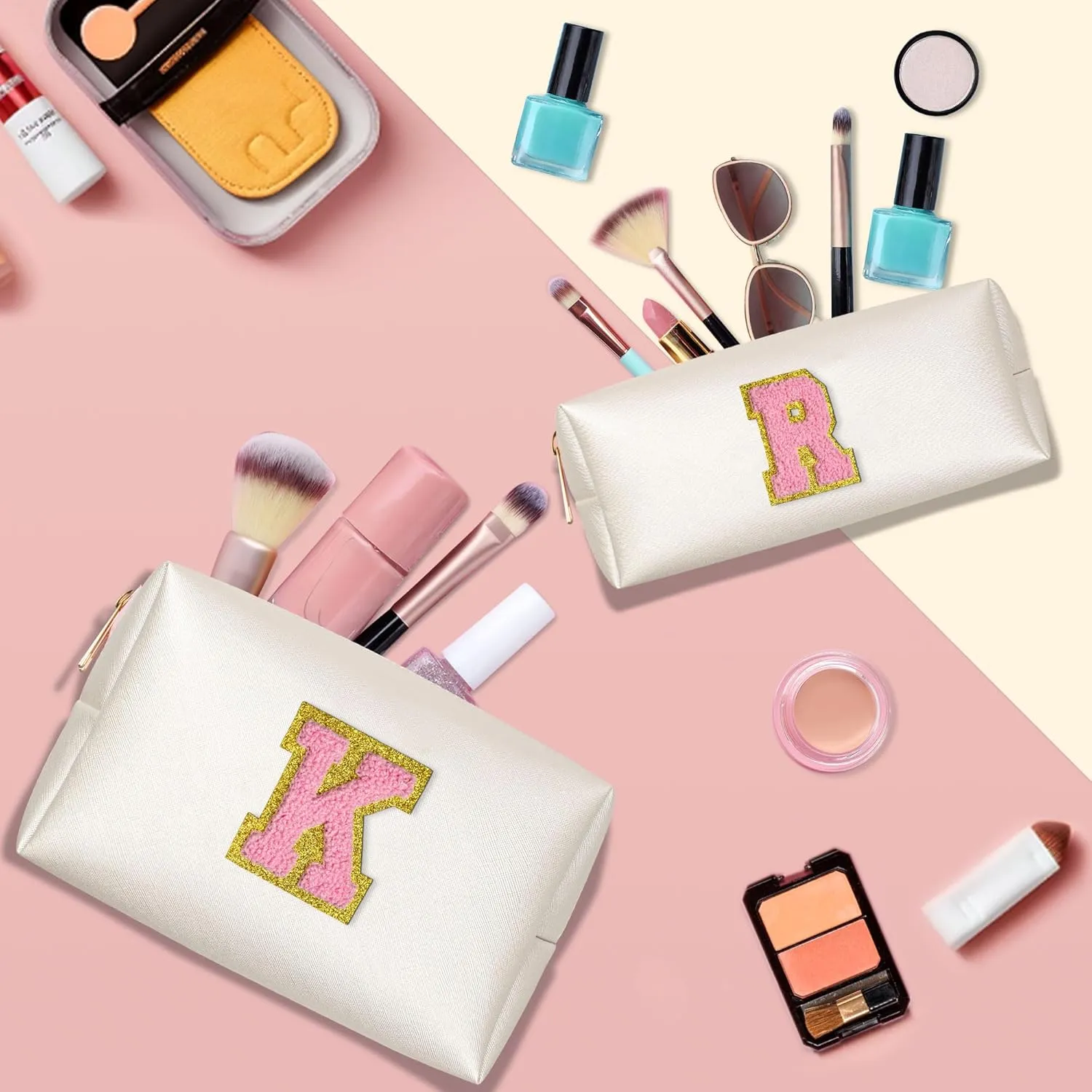 TOPEAST Easter Basket Stuffers for Kids Teen Girls - Initial Makeup Bag with Zipper, 2 PCS Makeup Pouch PU Leather Waterproof Travel Toiletry Bag for Women Girls (White A)