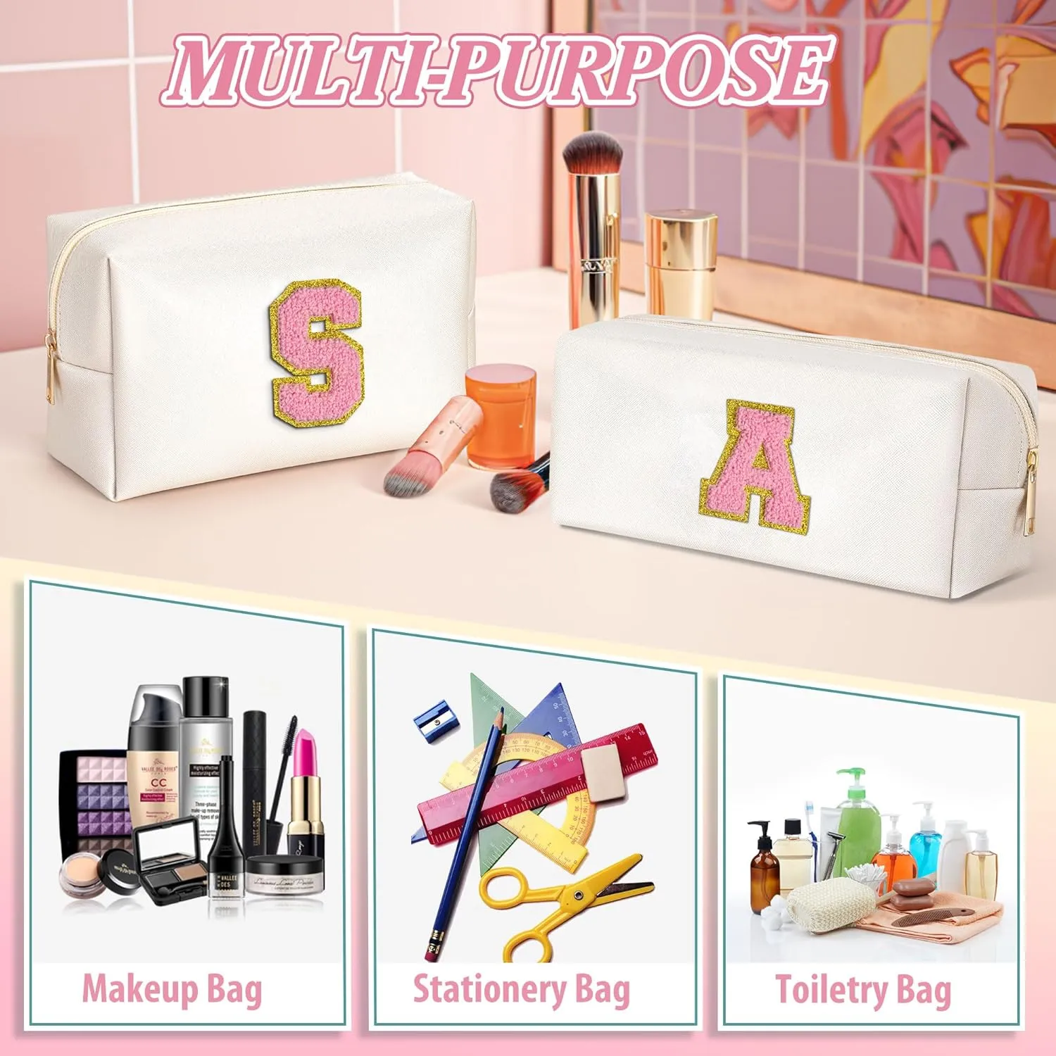 TOPEAST Easter Basket Stuffers for Kids Teen Girls - Initial Makeup Bag with Zipper, 2 PCS Makeup Pouch PU Leather Waterproof Travel Toiletry Bag for Women Girls (White A)