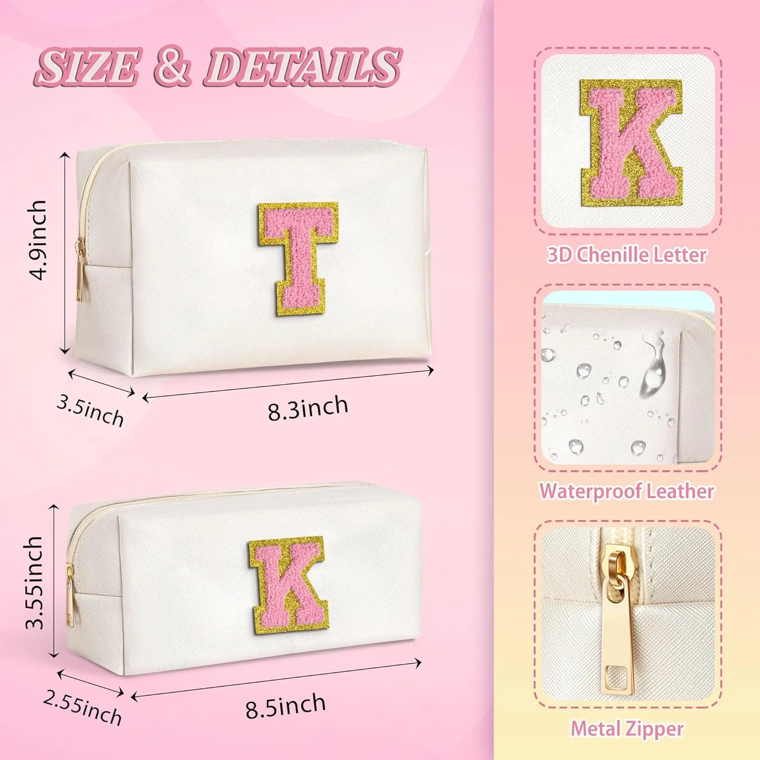TOPEAST Easter Basket Stuffers for Kids Teen Girls - Initial Makeup Bag with Zipper, 2 PCS Makeup Pouch PU Leather Waterproof Travel Toiletry Bag for Women Girls (White A)