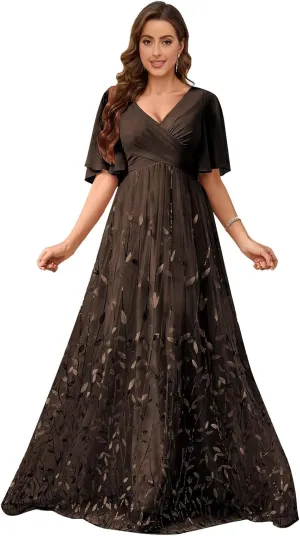 TORYEMY Sequin Short Sleeve Mother of The Bride Dresses for Women Formal Evening Gown Chiffon V Neck Wedding Guest Dress