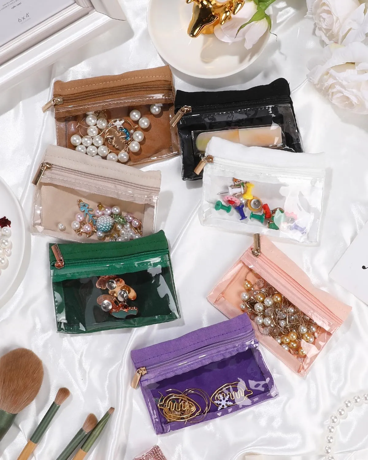 Travel Jewelry Bags,6 Pieces Jewelry Pouch Travel Jewelry Organizer Clear Velvet Zipper Pockets Ring Earrings Necklaces Pouches Small Jewelry Storage Pouch for Women Girls Gifts(White)