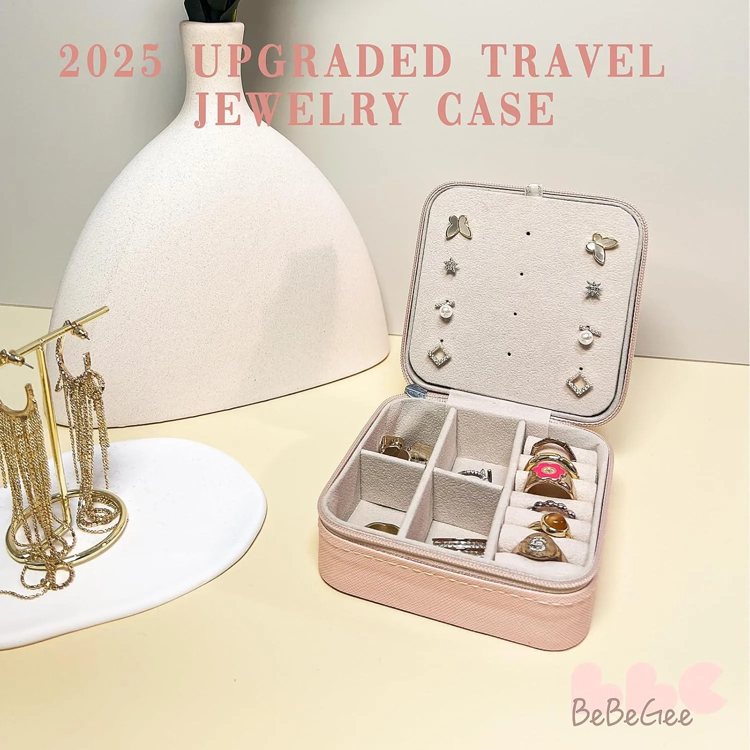 Travel Jewelry Case with 12 Earring Holes, Small Travel Jewelry Organizer Box for Girls Women, Bridesmaid Gifts and Travel Essentials to Store Rings, Necklaces, Earrings