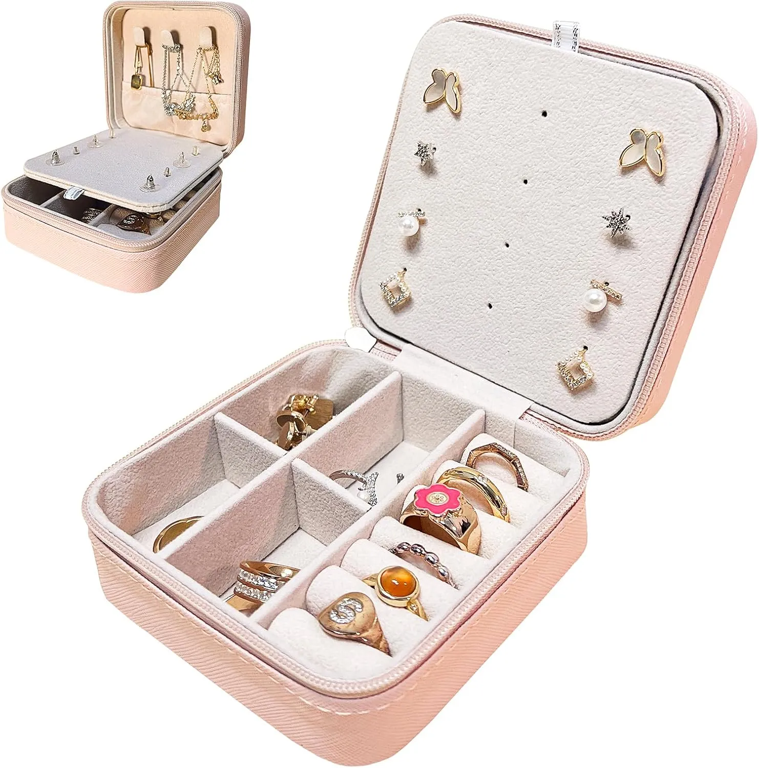 Travel Jewelry Case with 12 Earring Holes, Small Travel Jewelry Organizer Box for Girls Women, Bridesmaid Gifts and Travel Essentials to Store Rings, Necklaces, Earrings