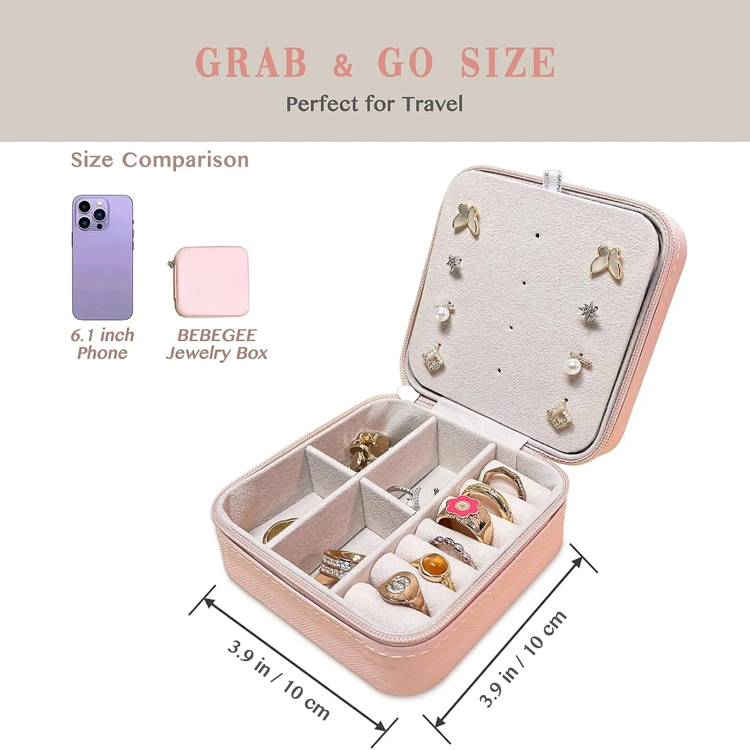 Travel Jewelry Case with 12 Earring Holes, Small Travel Jewelry Organizer Box for Girls Women, Bridesmaid Gifts and Travel Essentials to Store Rings, Necklaces, Earrings