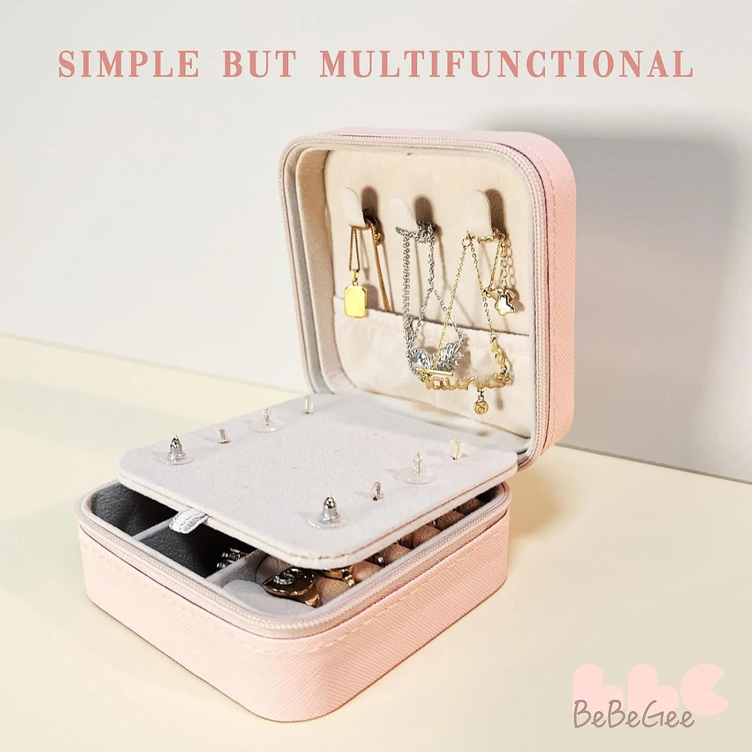 Travel Jewelry Case with 12 Earring Holes, Small Travel Jewelry Organizer Box for Girls Women, Bridesmaid Gifts and Travel Essentials to Store Rings, Necklaces, Earrings