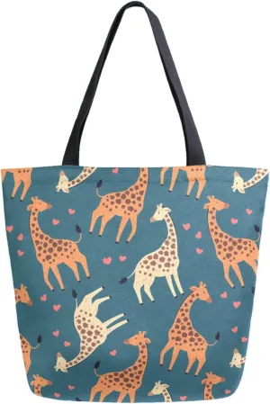 Trendy Extra Large Shoulder Grocery Tote Bag, Giraffes Hearts Floral Canvas Daily Handle Bag for Gym Yoga Weekender Picnic Beach Travel Kitchen Reusable Market Shopping