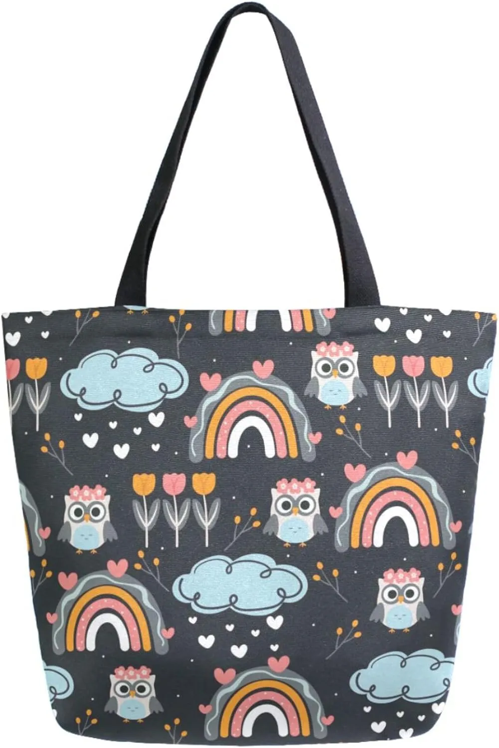 Trendy Extra Large Shoulder Grocery Tote Bag, Hand-drawing Owl Rainbow Clouds Canvas Daily Handle Bag for Gym Yoga Weekender Picnic Beach Travel Kitchen Reusable Market Shopping