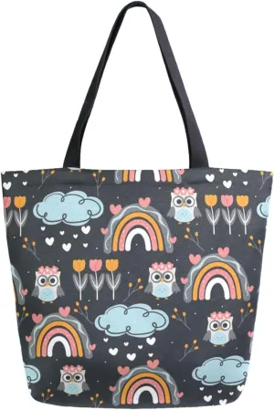 Trendy Extra Large Shoulder Grocery Tote Bag, Hand-drawing Owl Rainbow Clouds Canvas Daily Handle Bag for Gym Yoga Weekender Picnic Beach Travel Kitchen Reusable Market Shopping