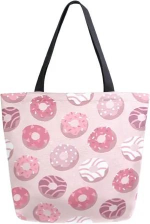 Trendy Extra Large Shoulder Grocery Tote Bag, Romantic Donuts Pink Floral Canvas Daily Handle Bag for Gym Yoga Weekender Picnic Beach Travel Kitchen Reusable Market Shopping