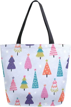 Trendy Extra Large Shoulder Grocery Tote Bag, Sweet Cute Christmas Trees Floral Canvas Daily Handle Bag for Gym Yoga Weekender Picnic Beach Travel Kitchen Reusable Market Shopping