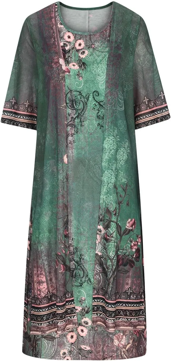 Two Piece Dress for Women,Formal Long Sleeve Midi Dress Elegant Plus Size Summer Smocked Flowy Knee Length Dress