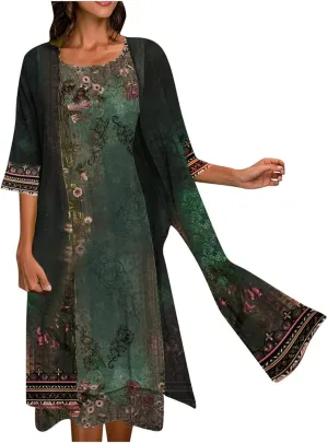 Two Piece Dress for Women,Formal Long Sleeve Midi Dress Elegant Plus Size Summer Smocked Flowy Knee Length Dress