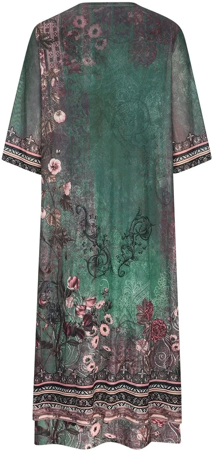 Two Piece Dress for Women,Formal Long Sleeve Midi Dress Elegant Plus Size Summer Smocked Flowy Knee Length Dress
