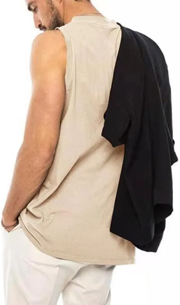 utcoco Men's Cotton Linen Tank Top Solid Color V-Neck Cut Off Tee Summer Beach Sleeveless Shirts for Men