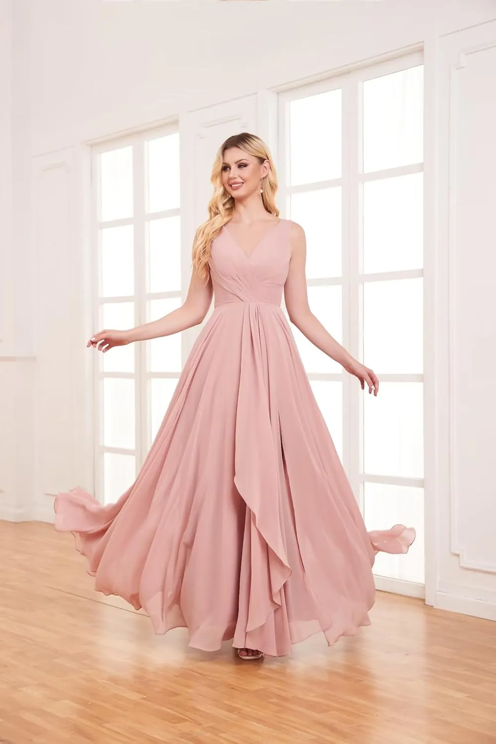 V Neck Long Bridesmaid Dresses for Women A Line Pleated Chiffon Ruffles Formal Evening Dresses with Slit