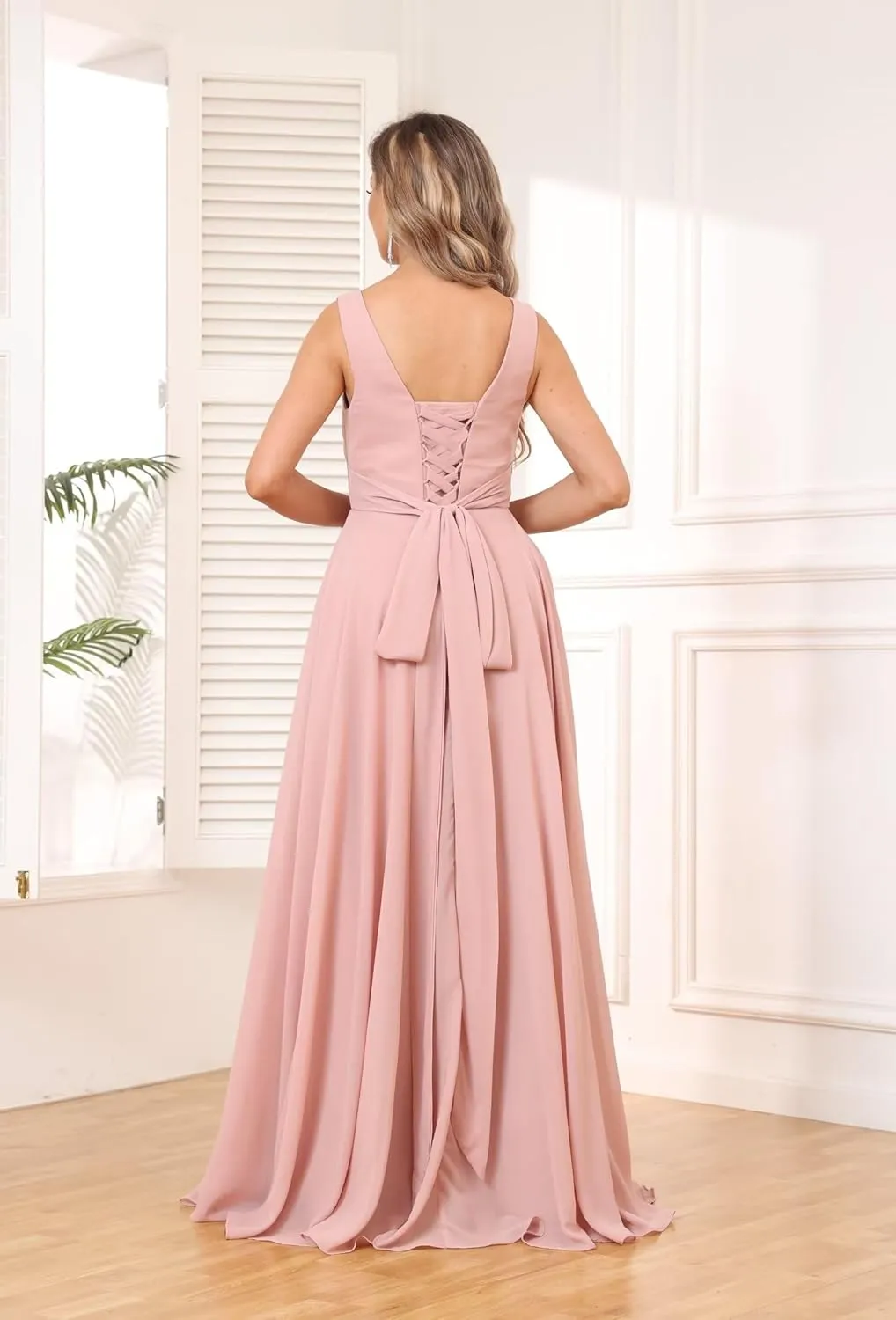 V Neck Long Bridesmaid Dresses for Women A Line Pleated Chiffon Ruffles Formal Evening Dresses with Slit