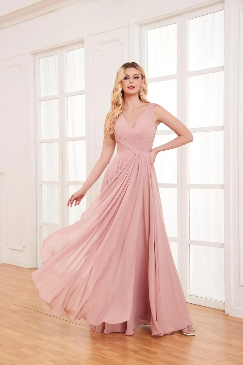 V Neck Long Bridesmaid Dresses for Women A Line Pleated Chiffon Ruffles Formal Evening Dresses with Slit
